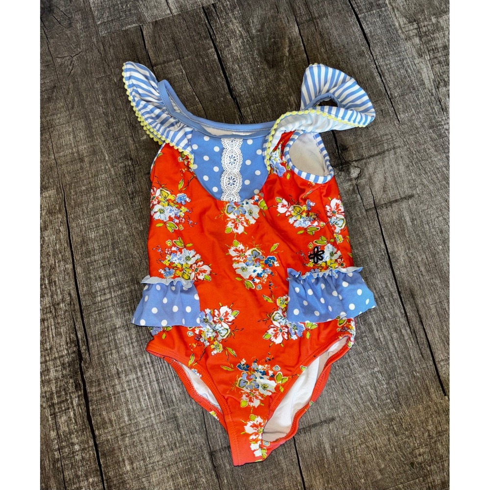 Matilda Jane Girls Floral Polka Dot Ruffle One Piece Swimsuit Orange Blue Size 4